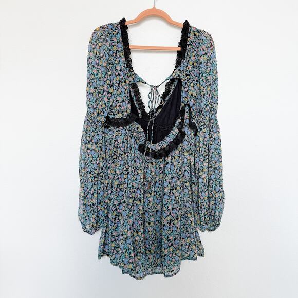 Free People Pennie Babydoll Floral Sheer‎ Mini Dress Black Size M Fairy Grunge - Picture 7 of 11